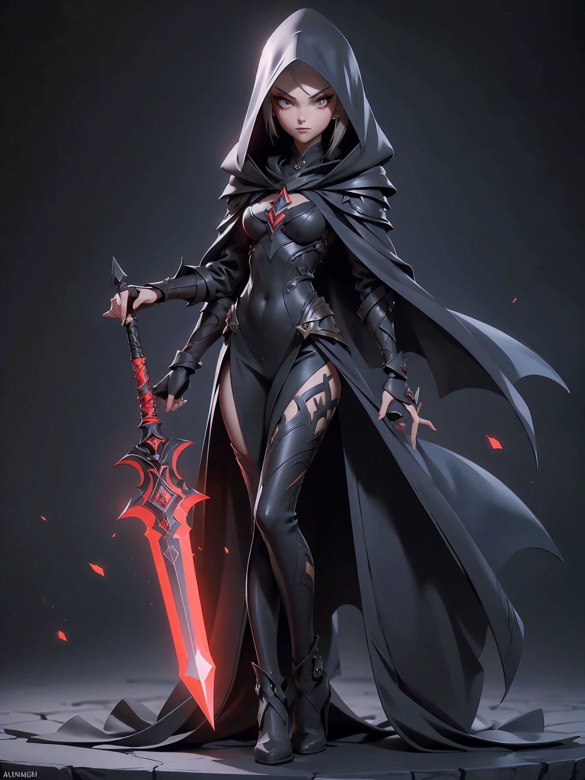 (((masterpiece, best quality, high detailed, 16k))) (1girl) A  and slender assassin with a mysterious aura, concealed under a dark hood. Her sharp, almond-shaped eyes peer out from under the hood, glinting with cunning and precision. She wears sleek high-tech black armor, designed for stealth and agility, adorned with subtle, intricate patterns. In her hand, she wields a finely detailed dagger, the blade gleaming with a sinister edge, and a striking red gemstone embedded in the hilt. Her cloak billows slightly, adding to her enigmatic presence. ((full body view))

