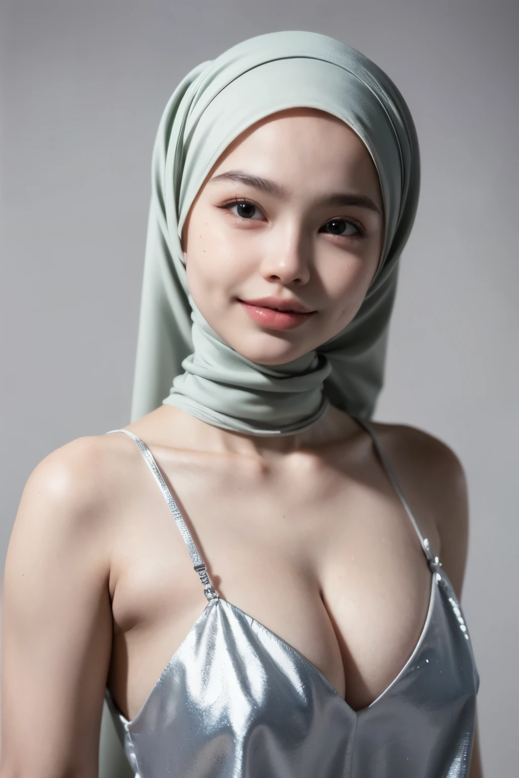 ((Thick lips:1.6)), ((((HALF BODY PORTRAIT)))), Naked, (((VERY SHINY SKIN))), Very cute like a baby face, ((Stylish Hijab)), adorable, 1 girl, , baby face, shy, half body portrait,smile, (face details: 1), (eye details: 1), ((round large breasts, cleavage)). Cute posed. proportional body. Ultra High Res. (realistic: 1.9), UHD, ((SHINY SKIN :1.5)), ((V-neck ice silk suspender nightdress)),