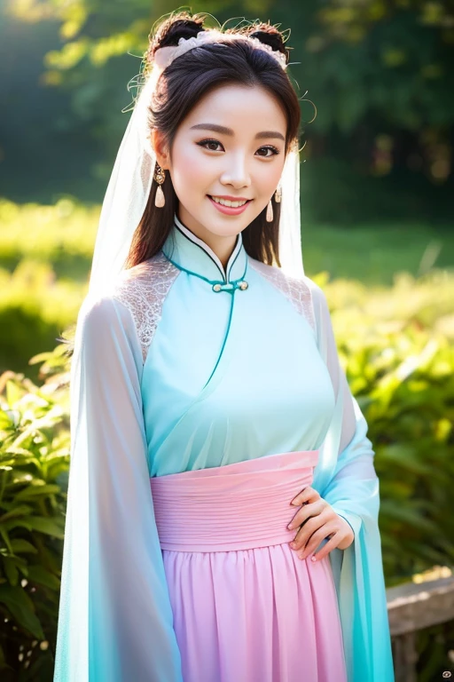 (A gorgeous & youthful Chinese lady, fashion model, [[[[closeup cleavage]]]], [[[[boobgasm]]]], [[[[coll]]]], [[[[bshoulders]]]], perfect face, perfect  eyes, Perfect iris，Perfect lips，perfect teeth，Perfect skin, Perfect body anatomy, Ample round bosom, Natural Sunlight, Sun Rays, lens flare, Movie girl, kind smile,


Translucent silky hanfu, Pure white & pink color, ancient Chinese clothing, Elegant Chinese long dress, long sleeves, feminine princess, cute expression, hands on hip,


SFW, Outdoors in ancient China，Pavilions，small bridges，flowing water，waterfall，Forest，HDR, 4K Ultra HD, Ultra-high resolution, (Photorealistic: 1.4), Best quality，Masterpiece，Ultra dilution，（pastel colour：1.2）)