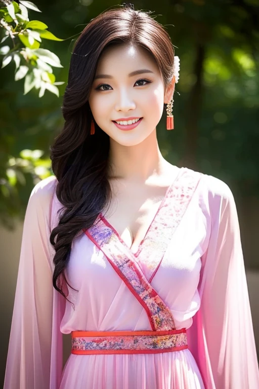 (A gorgeous & youthful Chinese lady, fashion model, [[[[closeup cleavage]]]], [[[[boobgasm]]]], [[[[coll]]]], [[[[bshoulders]]]], perfect face, perfect  eyes, Perfect iris，Perfect lips，perfect teeth，Perfect skin, Perfect ????????????, Ample round ?????, Natural Sunlight, Sun Rays, lens flare, Movie girl, kind smile,


Translucent silky hanfu, Pure white & pink color, ancient Chinese clothing, Elegant Chinese long dress, long sleeves, feminine & graceful, cute princess, hands on hip,


SFW, Outdoors in ancient China，Pavilions，small bridges，flowing water，waterfall，Forest，HDR, 4K Ultra HD, Ultra-high resolution, (Photorealistic: 1.4), Best quality，Masterpiece，Ultra dilution，（pastel colour：1.2）)