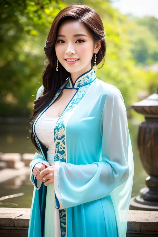 (A gorgeous & youthful Chinese lady, fashion model, [[[[closeup cleavage]]]], [[[[boobgasm]]]], [[[[coll]]]], [[[[bshoulders]]]], perfect face, perfect  eyes, Perfect iris，Perfect lips，perfect teeth，Perfect skin, Perfect body anatomy, Ample round bosom, Natural Sunlight, Sun Rays, lens flare, Movie girl, kind smile,


Translucent silky hanfu, Pure white & pink color, ancient Chinese clothing, Elegant Chinese long dress, long sleeves, feminine princess, cute expression, hands on hip,


SFW, Outdoors in ancient China，Pavilions，small bridges，flowing water，waterfall，Forest，HDR, 4K Ultra HD, Ultra-high resolution, (Photorealistic: 1.4), Best quality，Masterpiece，Ultra dilution，（pastel colour：1.2）)