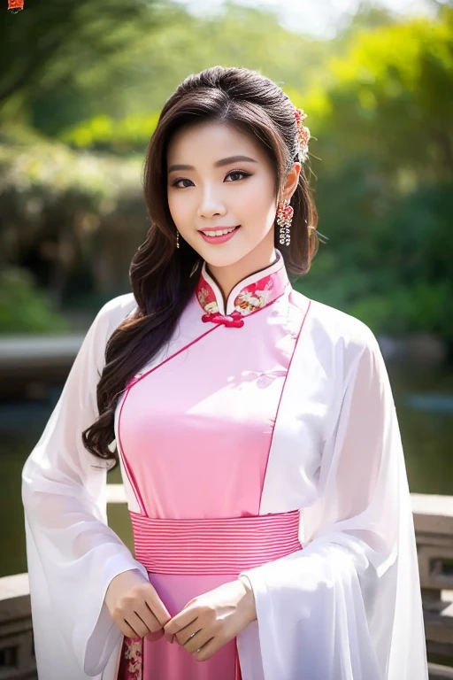 (A gorgeous & youthful Chinese lady, fashion model, [[[[closeup cleavage]]]], [[[[boobgasm]]]], [[[[coll]]]], [[[[bshoulders]]]], perfect face, perfect  eyes, Perfect iris，Perfect lips，perfect teeth，Perfect skin, Perfect body anatomy, Ample round bosom, Natural Sunlight, Sun Rays, lens flare, Movie girl, kind smile,


Translucent silky hanfu, Pure white & pink color, ancient Chinese clothing, Elegant Chinese long dress, long sleeves, feminine princess, cute expression, hands on hip,


SFW, Outdoors in ancient China，Pavilions，small bridges，flowing water，waterfall，Forest，HDR, 4K Ultra HD, Ultra-high resolution, (Photorealistic: 1.4), Best quality，Masterpiece，Ultra dilution，（pastel colour：1.2）)