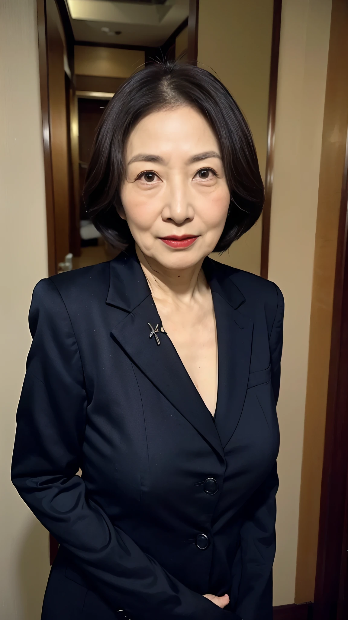 Masterpiece, ((Great focus)), gravure, 32K, Beautiful finish, Japanese, Beautiful mature woman、70-year-old woman、Photo of your ID、Long face, Big Breasts, Red lips, Thin lips, business suit、Round 1, Light from the front,