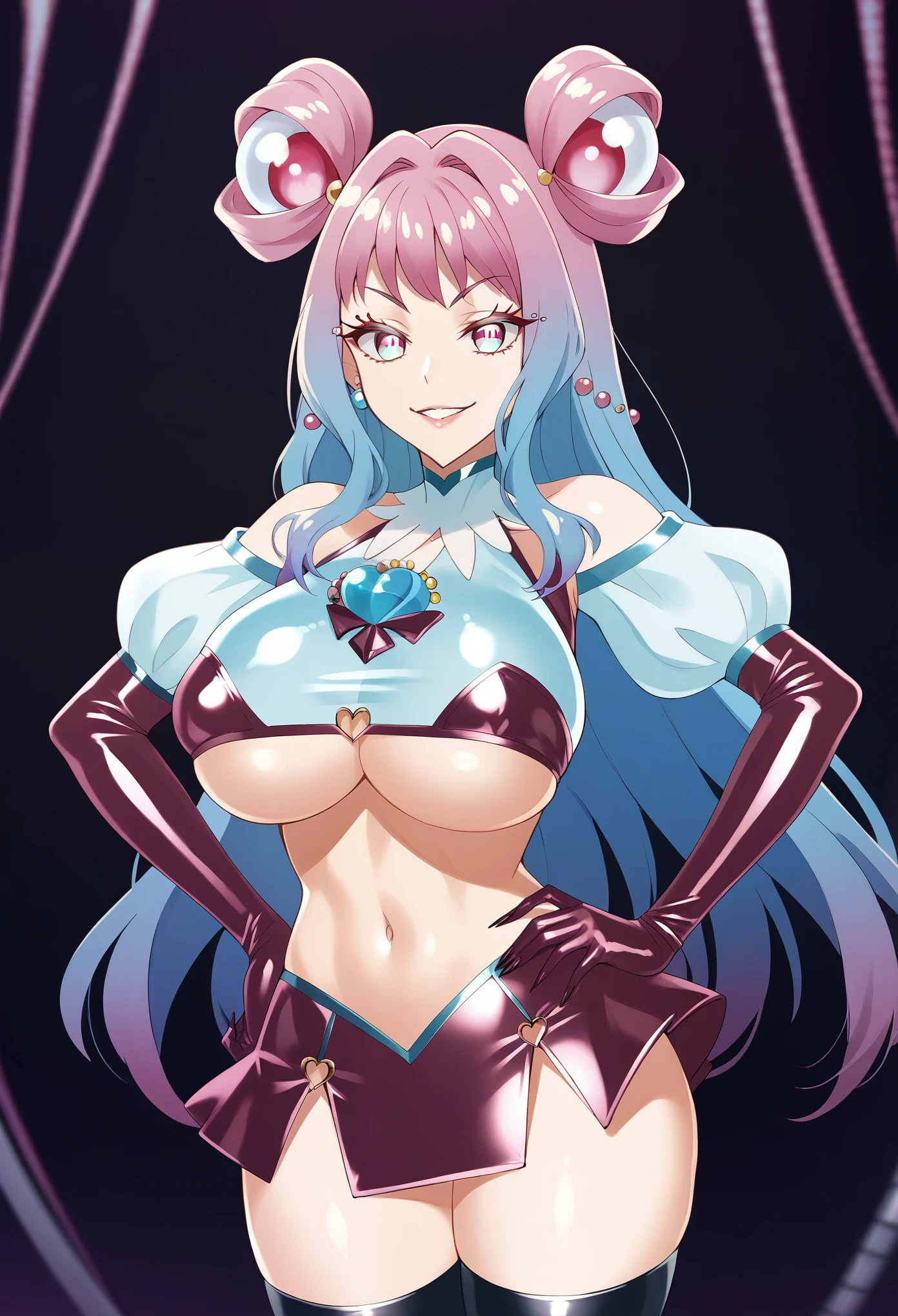 score_9, score_8_up, score_7_up, 1girl, curelamer, puffy sleeve, dress, underboob, showgirl skirt, microskirt, navel, shiny skin, navel, midriff, hands on hip, corruption, smirk, evil smile, parted lips, extremely long eyelashes, huge breasts, perfect female body, narrow waist, latex, elbow gloves, thighhighs, corruption, corrupt_girl