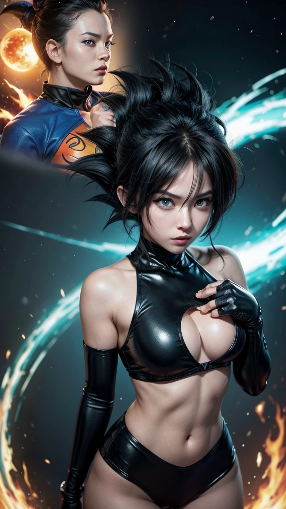 Imagine a fusion of the android cartoon characters number 16 from Dragon Ball and DC's Wonder Woman, observe the characteristics of the two