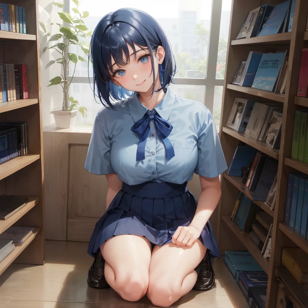 1. High school girl 17-year-old female Bobcut dark blue hair color High School Uniform Light blue Y-shirt Short sleeve Blue Ribbon dark blue hair color Slim figure Large Breasts Full body portrait School library Smiling Kindly Laugh a little library Hand Signs squat Kneel Look up here