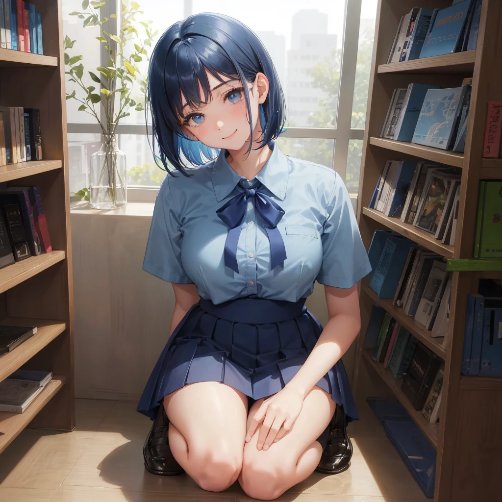 1. High school girl 17-year-old female Bobcut dark blue hair color High School Uniform Light blue Y-shirt Short sleeve Blue Ribbon dark blue hair color Slim figure Large Breasts Full body portrait School library Smiling Kindly Laugh a little library Hand Signs squat Kneel Look up here