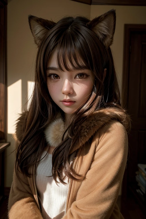 furry girl , Brown fur, ultra cute face, red elements on fur, , beautiful lights and shadows, ambient light, ultra detailed fur, volumetric light,Shiba inu race