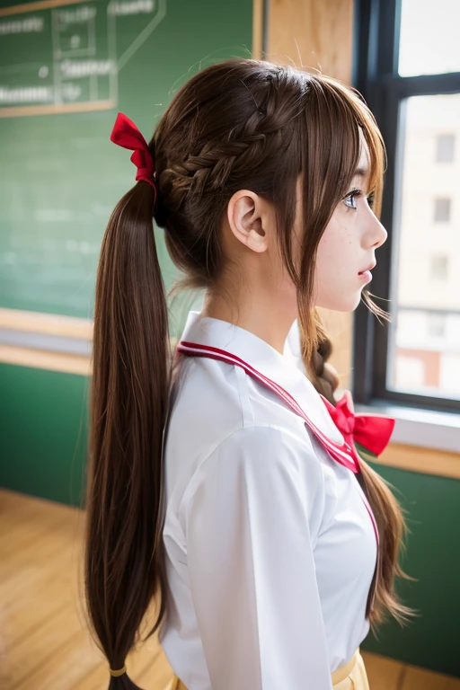 1girl, solo, long_hair, looking_at_viewer, brown_hair, photoshop_(medium), brown_eyes, twintails, school_uniform, braid, upper_body, serafuku, parted_lips, indoors, from_side, cosplay, freckles, photo_(medium), classroom, cosplay_photo