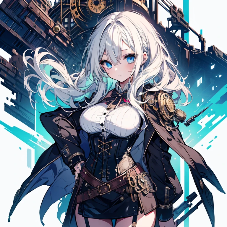 1 girl、Mature、Ample breasts、White Hair、Long Hair、steampunk outfit、Miniskirt、corset、Goggles on forehead、Steampunk city、blue sky、Curly Hair、Light blue eyes、High resolution、Highest quality
