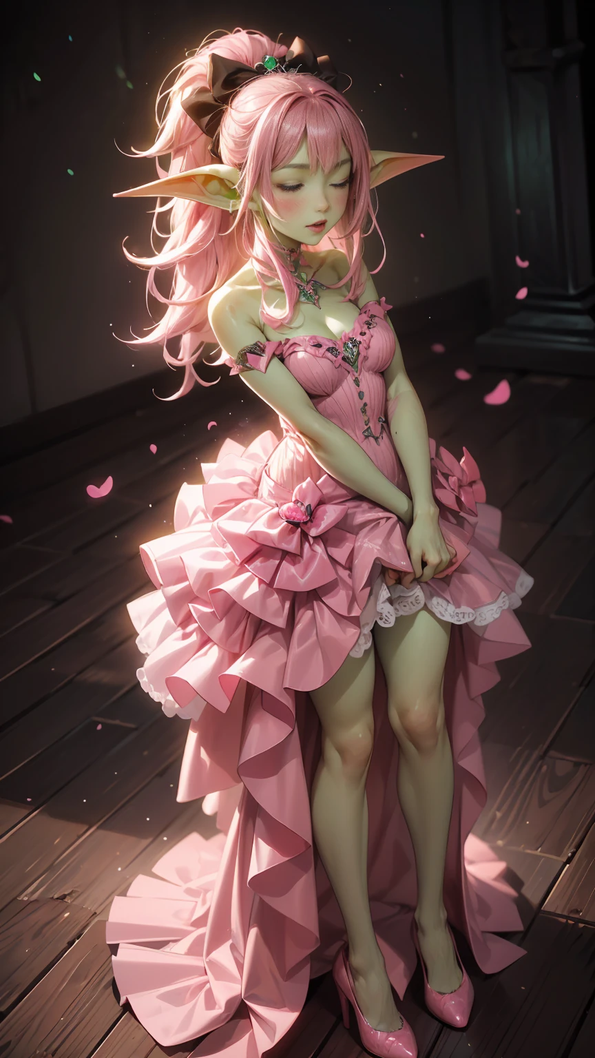 absurd resolution, ((best quality)), ((masterpiece)), (very detailed), 4k, goblin girl, hardcore punk rocker, pink hair, pink eye makeup, ((green skin)), small pointy ears, romantic lighting,full body,facing camera,wearing ornate large pink ball gown,simple black background,in mourning,head bowed in prayer,standing, eyes closed, closed eyes, praying