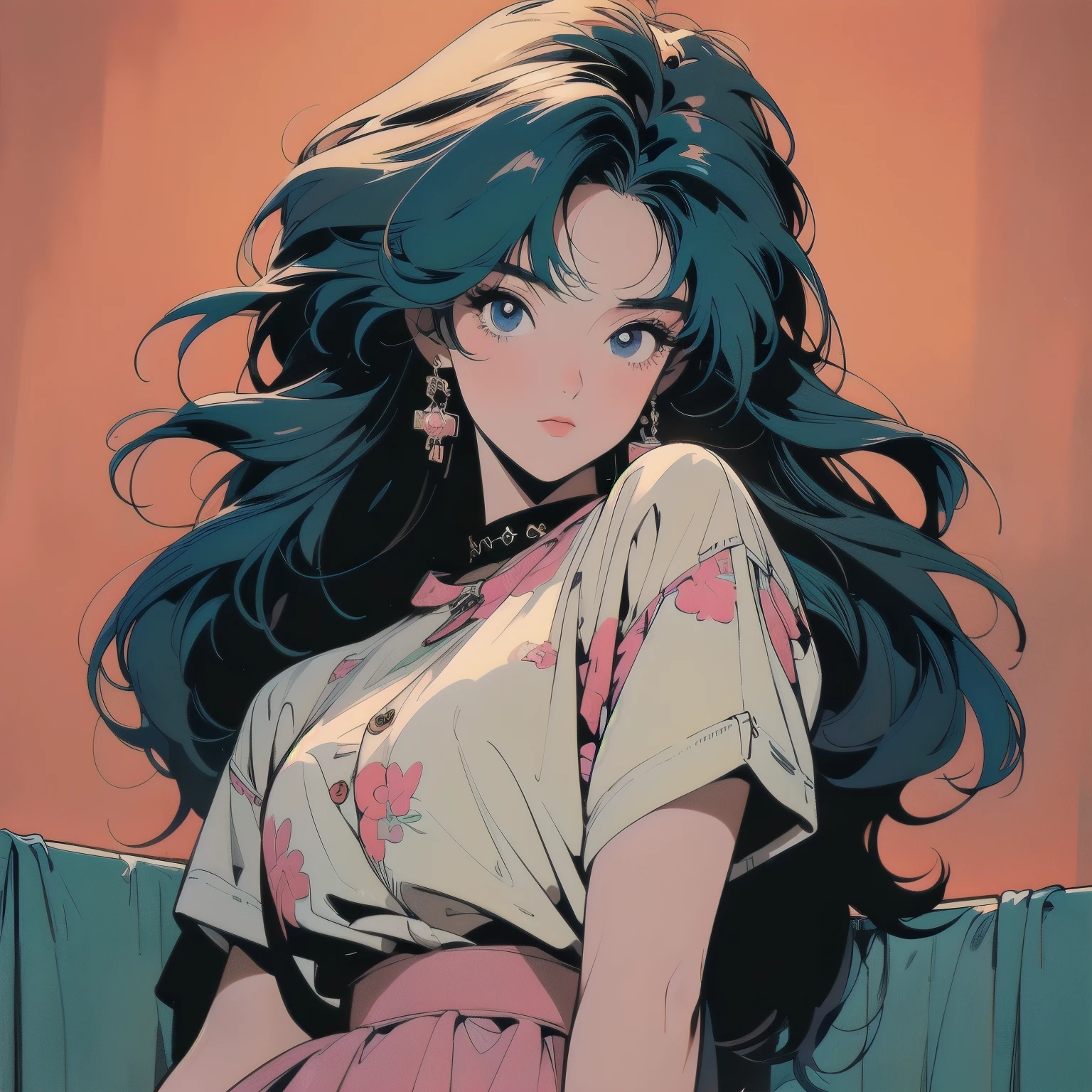 masterpiece, ultra high resolution, extremely detailed, 1 Girl, 32k, Full Length, Top, Messy Room, Apartment, One Girl, 4k, Warm Colors , Mysterious, Skirt, Blouse, Faint Lighting, extremely detailed Hair, extremely detailed Perfect Face, 80's Fashion, Retro Colors, Top Quality, detailed Background, Complex Background, Sunset, (((Anime)))