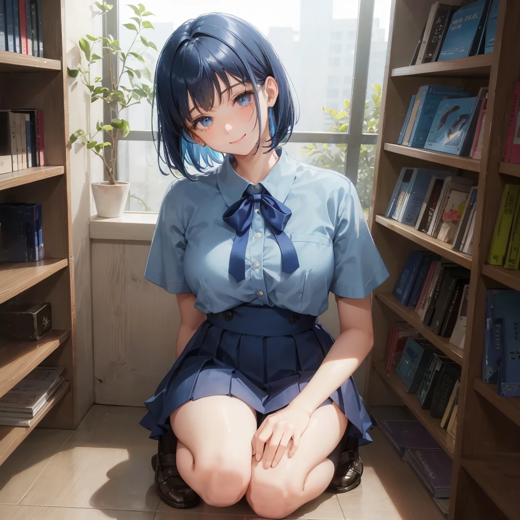 1. High school girl　-yeld fee　Bobcut　dark blue hair color　High School Uniform　Light blue Y-shirt　Short sleeve　Blue Ribbon　dark blue hair color　Slim figure　Large Breasts　Full body portrait　School library　Smiling Kindly　Laugh a little　library　Hand Signs　squat　Kneel　Look up here　