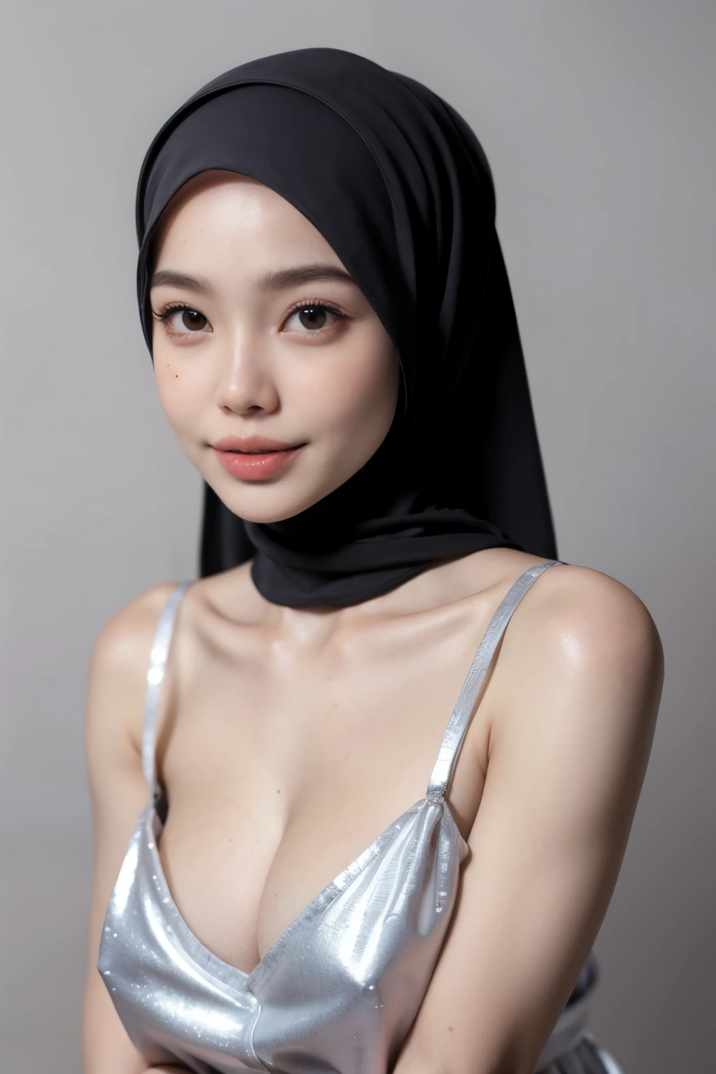 ((Thick lips:1.6)), ((((HALF BODY PORTRAIT)))), , (((VERY SHINY SKIN))), Very cute like a baby face, ((Stylish Hijab)), adorable, 1 girl, 10 yey face, shy, half body portrait,smile, (face details: 1), (eye details: 1), ((round large breasts, cleavagee posed. onal body. Ultra High Res. (realistic: 1.9), UHD, ((SHINY SKIN :1.5)), ((V-neck ice silk suspender nightdress)),