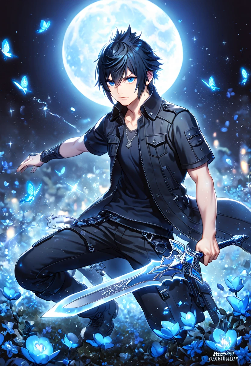 absurdres, highres, ultra detailed, HDR, master piece, best quality, extremely detailed, Noctis Lucis Caelum, black hair, expressive blue eyes, Final Fantasy XV, solo, sexy man holding a sword, handsome, black clothes, fantasy, magic, sparkling, water, blue moon, blue flowers, blue butterflies, blue petals, garden