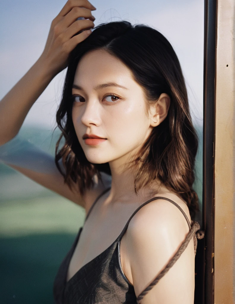 xxmixgirl, Upper body of a beautiful cute long and slender face Japanese girl, A gorgeous young cute asian woman in a Glamorous outfit, happy smiling, still from the film, ((young Marion Cotillard face : 1.2)), ((young Anne Hathaway face: 1.0)), from front, realistic portrait photo of a cute 25 years old girl, looks at viewer, full lips, natural skin, skin moles, stormy weather, (cinematic, film grain:1.1), ((asian winged eyes, very long and slender slim face, windy tousled, long straight black ponytail, strapless crop top)), hard nipple, dark room, bent over, see through, sunlight, under , big saggy breast, teardrop breast, arms up, hands attached with ropes from above, facing the window, adorable bright eyes, detailed face, detailed and realistic eyes, (spider gwen), feeling sexy, head down, (Leica SL3, Summicron-SL 75 f/2 ASPH, kodak Ektar 200 film), hands up, bokeh, silhouette, shallowed depth of field, dynamic action pose, hands up, nsfw, 18+