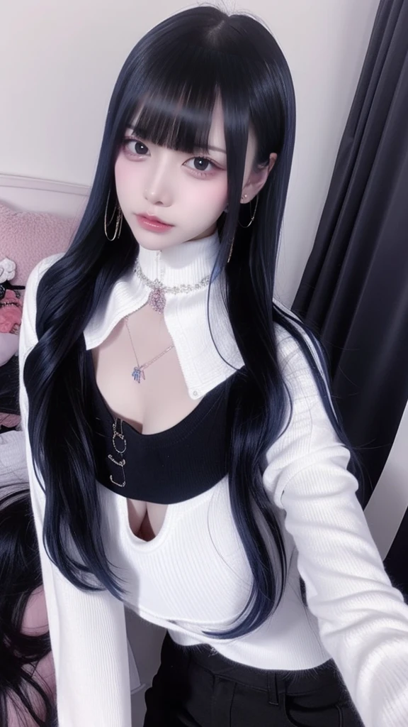 highest quality、8k、32k、masterpiece、Super vivid、Highest quality、8k full vision, Cinematic lighting:1.2)、(Blue right), One Girl、Long Hair Girl、Beautiful Japanese Women、Black-haired、Heavy bangs、Long sleeve shirt、Hair length、Fluffy white sweater、Accentuate your breasts、choker、(Super big boobs:1.5), (jirai type fashion、jirai type makeup, Jirai Type Girl), Sparkling under-eye bags、red glitter eye makeup, From feet to head、
indoor、moonlit room、Dark Room、dim、A room in an apartment with a sense of life、A messy room、Messy room、
