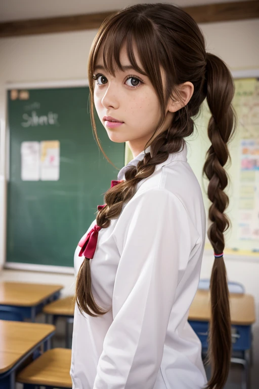 1girl, solo, long_hair, looking_at_viewer, brown_hair, photoshop_(medium), brown_eyes, twintails, school_uniform, braid, upper_body, serafuku, parted_lips, indoors, from_side, cosplay, freckles, photo_(medium), classroom, cosplay_photo