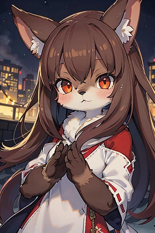 furry girl , Brown fur, ultra cute face, red elements on fur, , beautiful lights and shadows, ambient light, ultra detailed fur, volumetric light,Shiba inu race