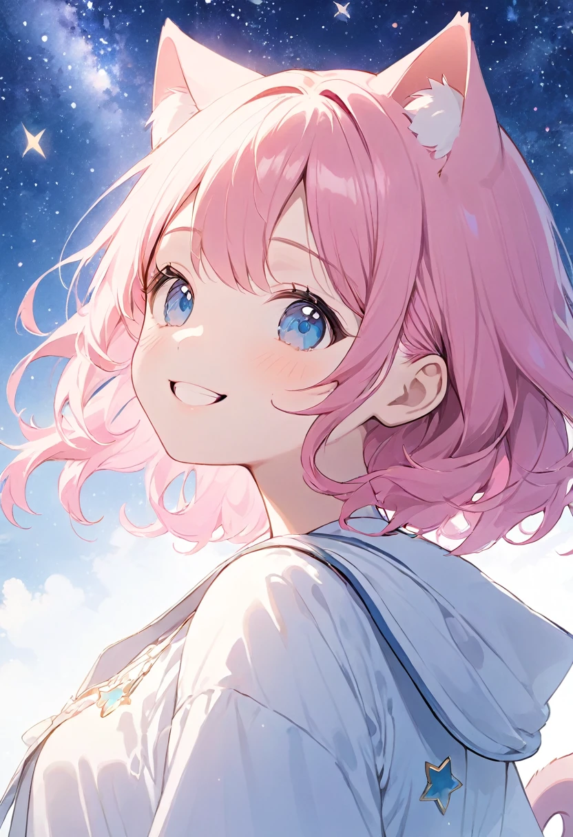 masterpiece, Highest quality, White background,Simple Background,
One girl, solo, Pink Hair,Cat ear, happy, Stars in the Sky,smile