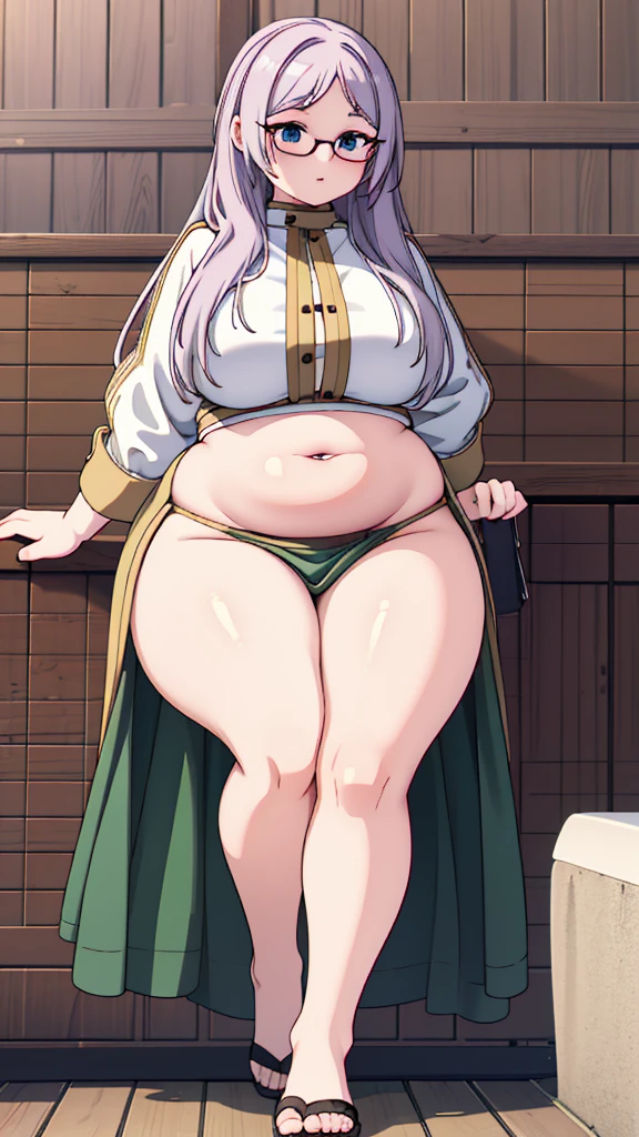 (masterpiece, best quality, highly detailed), 1girls, big belly, huge belly, art by kipteitei, round belly, chubby, curvy, belly grab, enormous belly, fat belly, thicc, bigger belly, really big belly, jiggly belly, shirt covering belly, belly cover by shirt, glasses, skirt, ((full body)), long hair