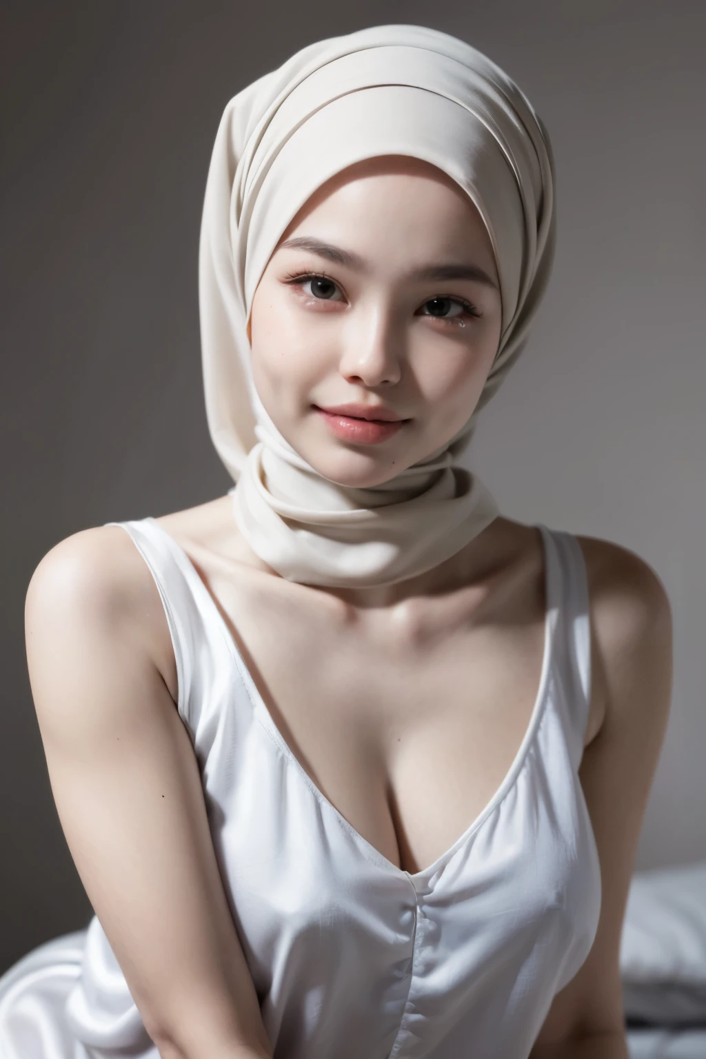 ((Thick lips:1.6)), ((((HALF BODY  PORTRAIT)))), Naked, (((VERY SHINY SKIN))), Very cute like a , ((Stylish Hijab)), adorable, 1 girl, 10 years ce, shy, half rait,smile,  (face details: 1), (eye details: 1), ((round large breasts, cleavage)). Cute posed. proportional body. Ultra High Res. (realistic: 1.9), UHD, ((SHINY SKIN :1.5)), ((V-neck ice silk suspender nightdress)),