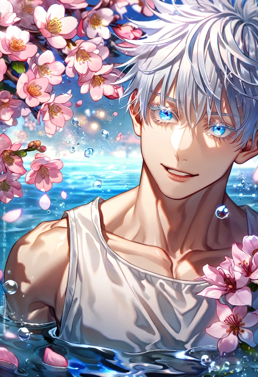 absurdres, highres, ultra detailed, HDR, master piece, Gojou Satoru, white hair with bangs, white eyelashes, expressive blue eyes, white tank top shirt, toned chest, Jujutsu Kaisen, sexy man, handsome, best quality, blossoms, pink petals, pink flowers, fantasy, magical, blue shining fireflies, solo, water, handsome smile, sensual