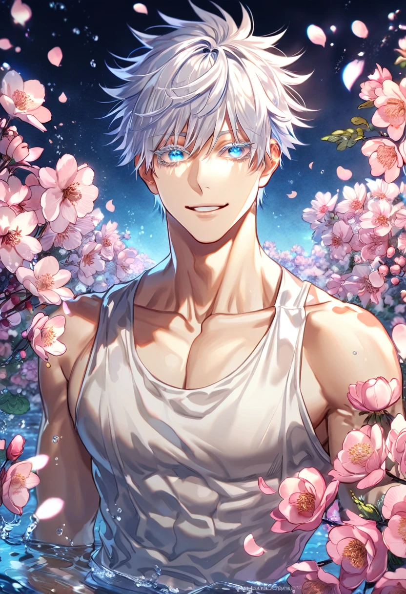 absurdres, highres, ultra detailed, HDR, master piece, Gojou Satoru, white hair with bangs, white eyelashes, expressive blue eyes, white tank top shirt, toned chest, Jujutsu Kaisen, sexy man, handsome, best quality, blossoms, pink petals, pink flowers, fantasy, magical, blue shining fireflies, solo, water, handsome smile, sensual