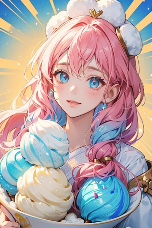 A girl bear ice cream scoop in a gradient stripe of cherry, gold, and sky blue. She has white cream piled high on her head covered in matching colored sprinkles. SPARKLE; GLITTER