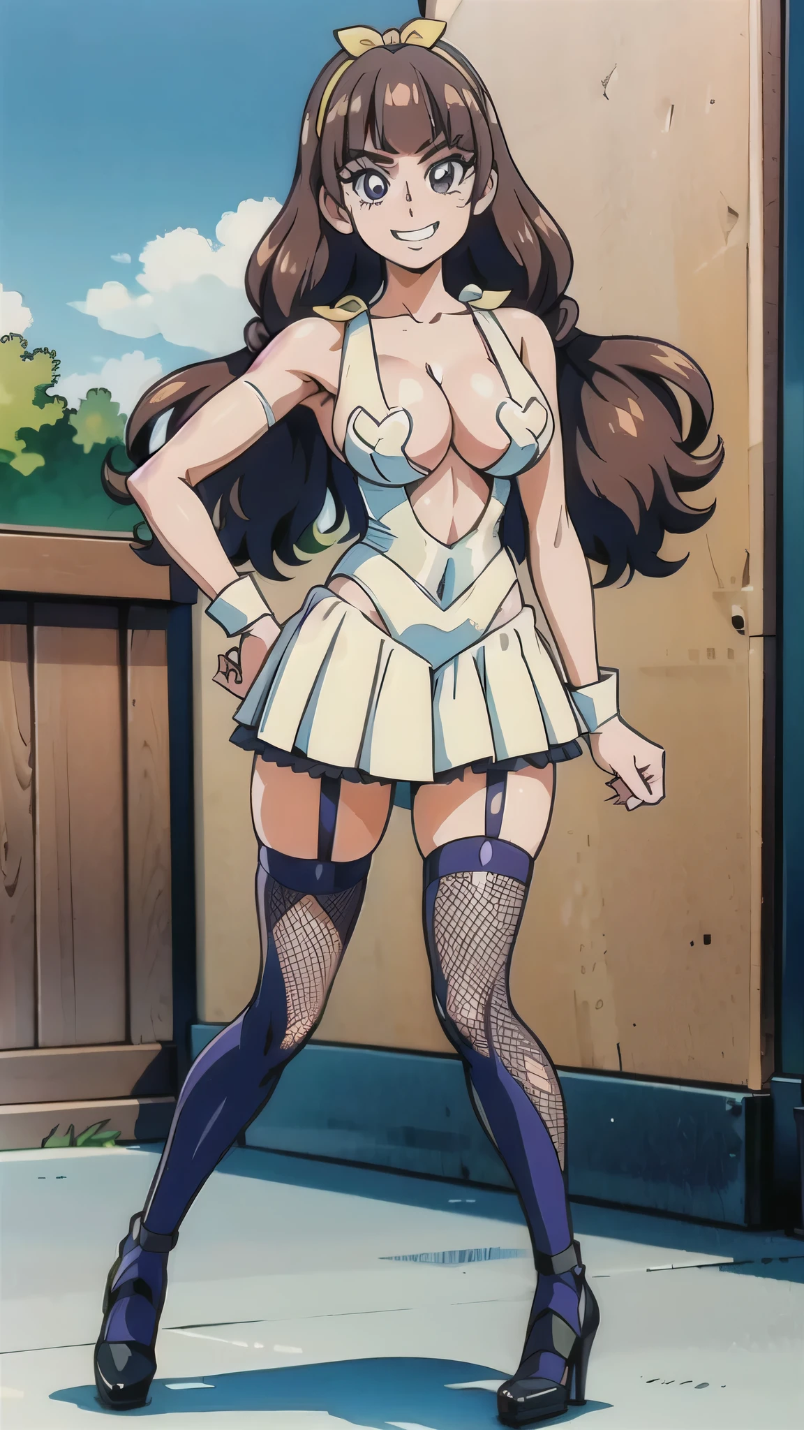 1 girl, (solo), ((amanogawaki)), best quality, highres, high quality, 8k, HD, super detail, anatomically correct, UHD, accurate, (masterpiece:1.2), (high quality:1.0), (ultra detailed), (Front View), (Smug Grin), Brat, Looking at Viewer, (Adult), supersonicotaimanin, star pasties, cleavage, clothing cutout, leotard, fishnet thighhighs, fishnets, garter straps, gloves, showgirl skirt