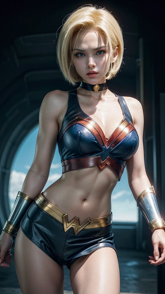 Imagine a fusion of the cartoon characters Android 18 from Dragon Ball and Wonder Woman from DC, observe the characteristics of both, Android 18&#39;s hair and Wonder Woman&#39;s uniform 