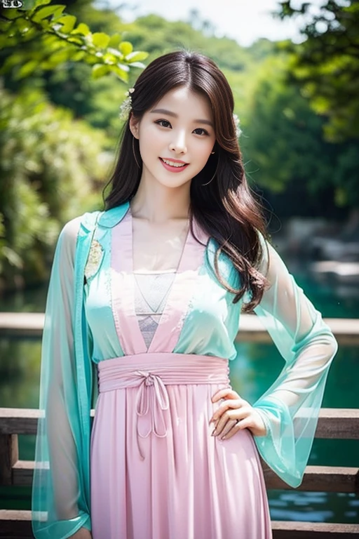 (A gorgeous & youthful Chinese lady, fashion model, [[[[closeup cleavage]]]], [[[[boobgasm]]]], [[[[coll]]]], [[[[bshoulders]]]], perfect face, perfect  eyes, Perfect iris，Perfect lips，perfect teeth，Perfect skin, Perfect body anatomy, Ample round bosom, Natural Sunlight, Sun Rays, lens flare, Movie girl, kind smile,


Translucent silky hanfu, Pure white & pink color, ancient Chinese clothing, Elegant Chinese long dress, long sleeves, feminine princess, cute expression, hands on hip,


SFW, Outdoors in ancient China，Pavilions，small bridges，flowing water，waterfall，Forest，HDR, 4K Ultra HD, Ultra-high resolution, (Photorealistic: 1.4), Best quality，Masterpiece，Ultra dilution，（pastel colour：1.2）)