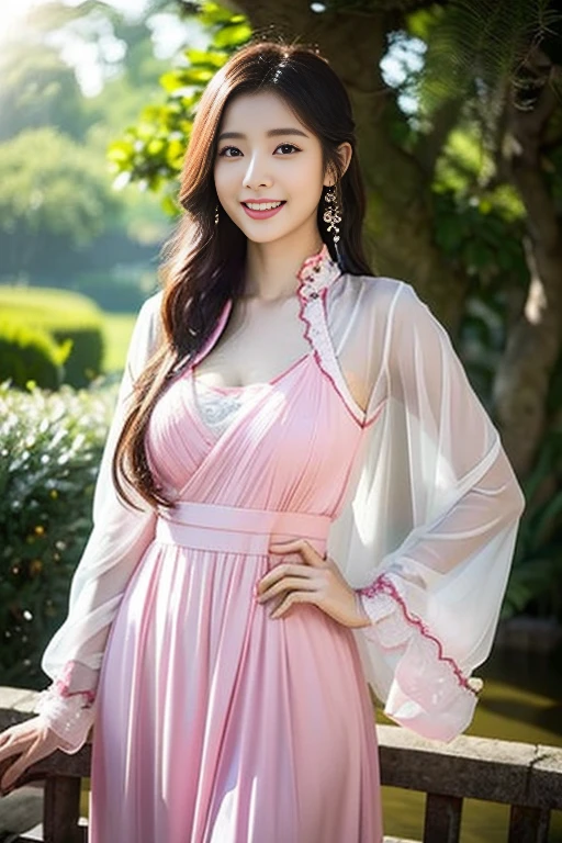 (A gorgeous & youthful Chinese lady, fashion model, [[[[closeup cleavage]]]], [[[[boobgasm]]]], [[[[coll]]]], [[[[bshoulders]]]], perfect face, perfect  eyes, Perfect iris，Perfect lips，perfect teeth，Perfect skin, Perfect body anatomy, Ample round bosom, Natural Sunlight, Sun Rays, lens flare, Movie girl, kind smile,


Translucent silky hanfu, Pure white & pink color, ancient Chinese clothing, Elegant Chinese long dress, long sleeves, feminine princess, cute expression, hands on hip,


SFW, Outdoors in ancient China，Pavilions，small bridges，flowing water，waterfall，Forest，HDR, 4K Ultra HD, Ultra-high resolution, (Photorealistic: 1.4), Best quality，Masterpiece，Ultra dilution，（pastel colour：1.2）)