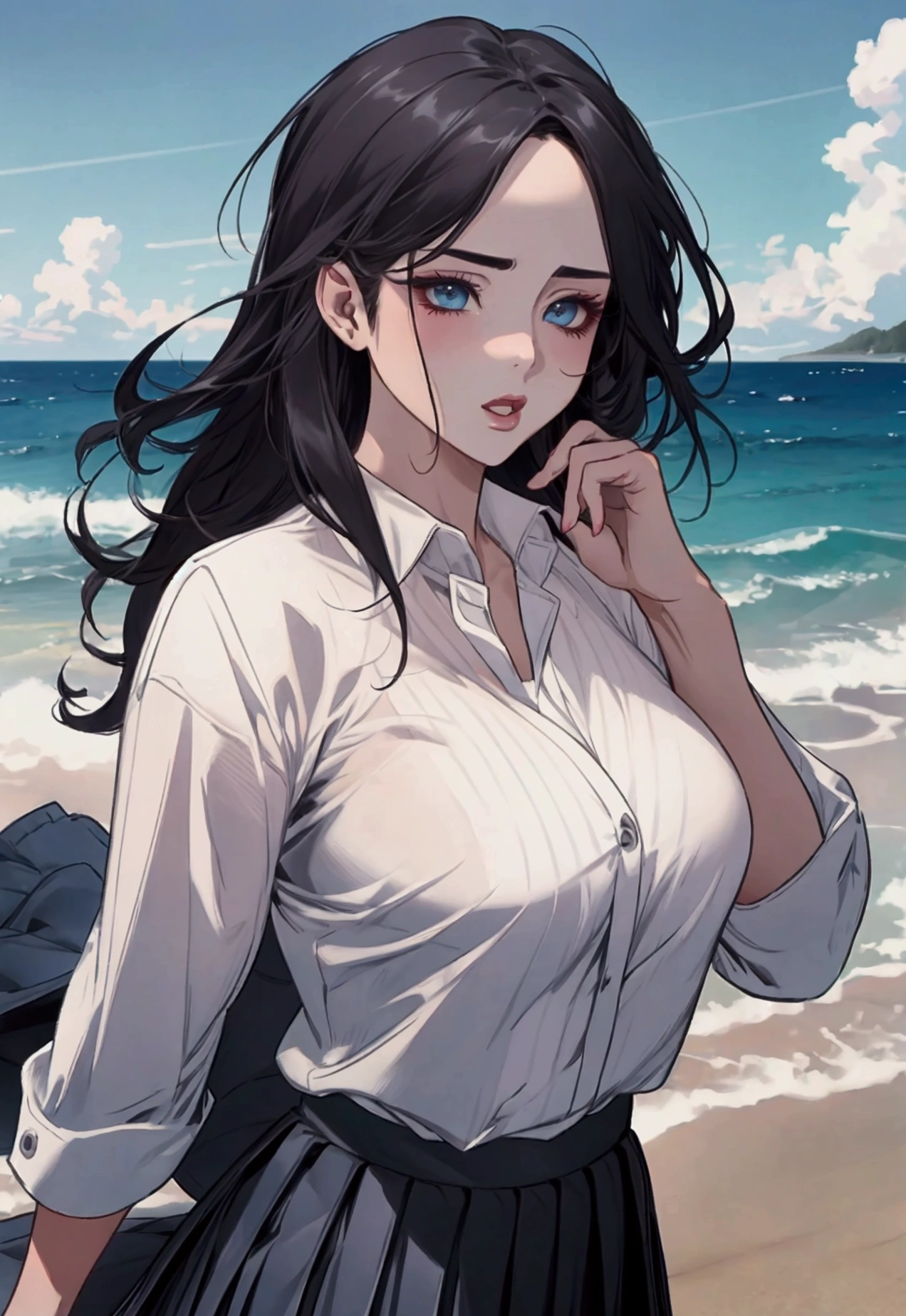 (Canon 50),(Rendered by octane),8k, seducer, symmetrical face, Dramatic cinematic lighting, Dramatic +2, hyper realist, spirited, Pose very sexy. 1 japanese woman, very sexy, breasts big, white shirt with black horizontal stripes, pleated skirt predominantly pink with shades of blue, coastal view, half-open mouth and thick lips, sultry gaze