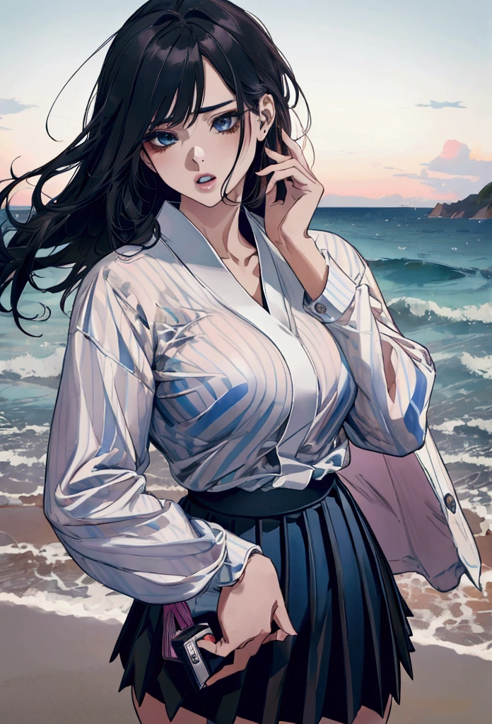 (Canon 50),(Rendered by octane),8k, seducer, symmetrical face, Dramatic cinematic lighting, Dramatic +2, hyper realist, spirited, Pose very sexy. 1 japanese woman, very sexy, breasts big, white shirt with black horizontal stripes, pleated skirt predominantly pink with shades of blue, coastal view, half-open mouth and thick lips, sultry gaze