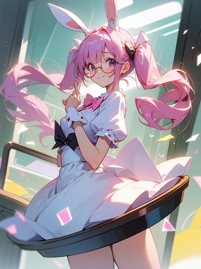 One girl, Pink long twin tails, High resolution, Bunny ears, A shy smile, White Bunny Girl，In the background is a casino with a tray of glasses in one hand.，