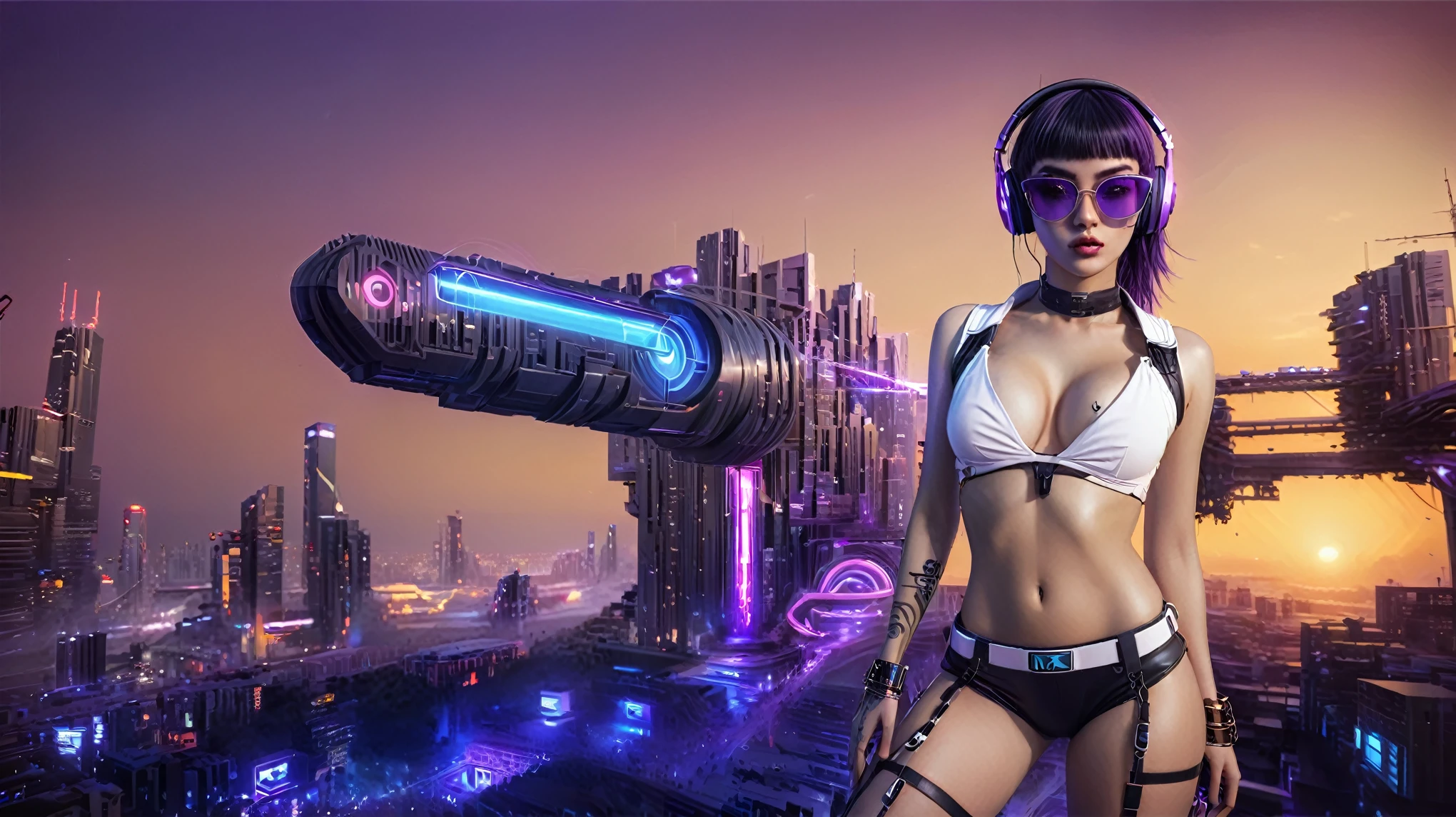 masterpiece, best quality, high resolution, 8k, (Portrait Photos:1.5), (R Original Photo), real picture, Digital Photography, (A fusion of cyberpunk and fantasy), 20 year old slim girl, solo, (((black sunglasses, headphone))), Feel free to hairstyle, Purple Eyes, By Bangs, (large breasts, cleavage, Accessories, Elegant and charming, Combination of cyberpunk and fantasy style clothing, Hollow carving design, Photo poses, Realistic style, (((((((pistol shooting pose))))))), oc render reflection texture, sentry, (((((aerial view of Cyberpunk style future city, giant (((maze))) shaped street))))), night, Bustling streets, (((((half-body (thigh level) medium shot))))).