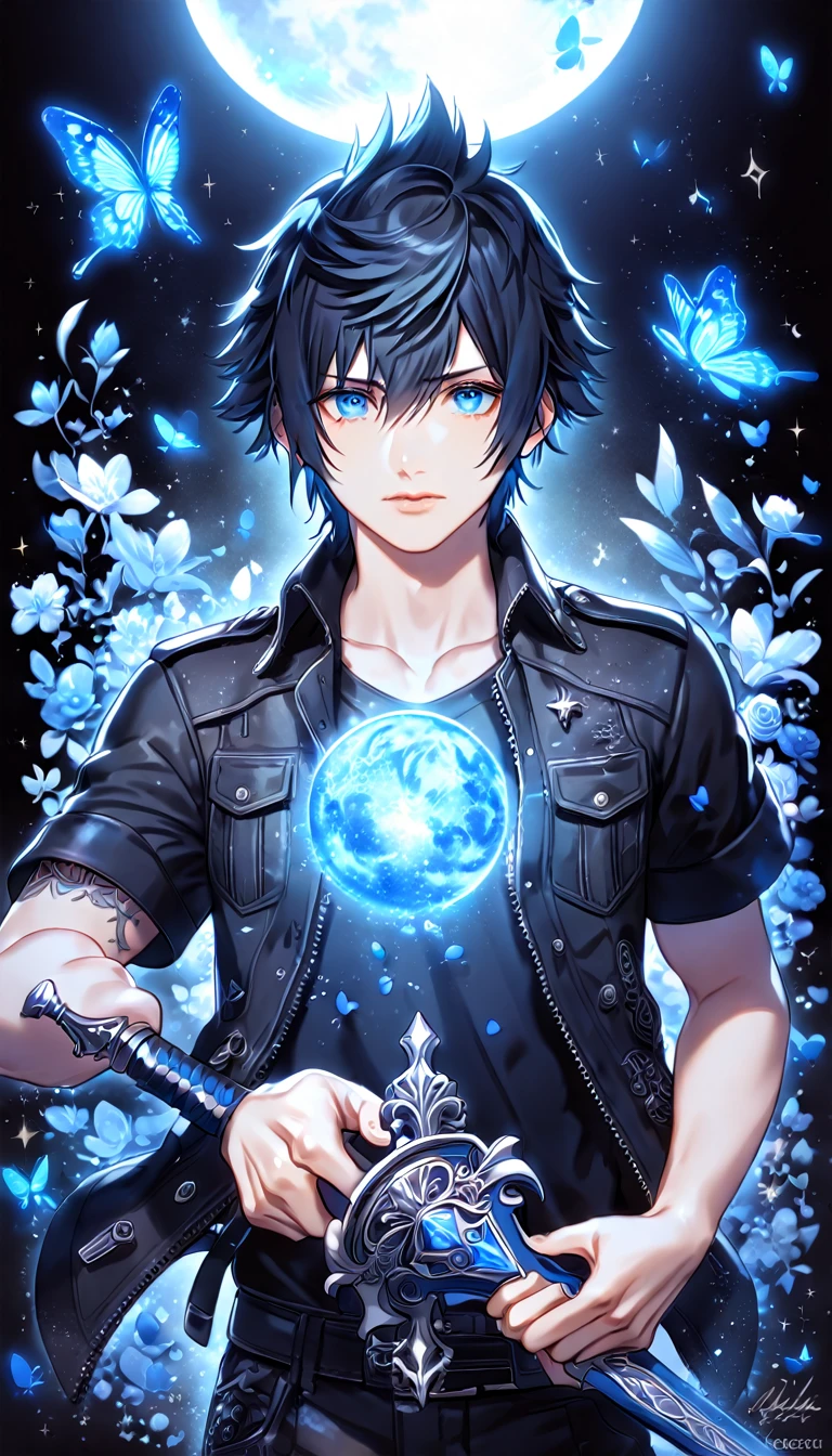 absurdres, highres, ultra detailed, HDR, master piece, best quality, extremely detailed, Noctis Lucis Caelum, black hair, expressive blue eyes, Final Fantasy XV, solo, sexy man holding a sword, handsome, black clothes, fantasy, magic, sparkling, water, blue moon, blue flowers, blue butterflies, blue petals, garden