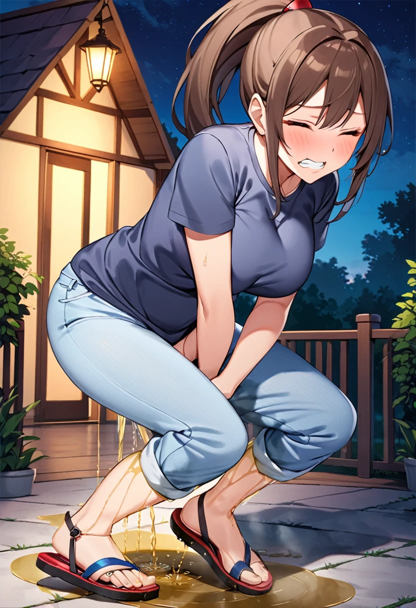 NSFW, (masterpiece, top quality, best quality, highly detailed:1.6), extremely detailed CG unity 8k wallpaper, (full body), wide shot, long shot, (touching crotch:3), (leaning forward,close knees, pee running down legs:2), (((standing))), (((clutching crotch))), strong facial expression, (sharp eye:1.2), (scowl:1.1), (embarrassed, blush:1.3), (steam:2), (wet:1.2), (sweat:1.1), (trembling:1.3), (open mouth, wavy mouth:1.4), (clenched teeth:1.6), (closed eyes:1.5), (feeling weak:1.5), (shoot from front, looking at viewer:1.2), (light blue denim, toreador pants:1.5), (at midnight), night, park, woman, outdoor, (T-shirt, sandals:1.5), (long hair, dark brown hair, ponytail:1.5), (long hair, ponytail, dark brown hair:1.5), (woman trembling with sexual climax:1.5), (Be incontinent:1.5), colorful, perfect composition, urination, incontinence, piss, peeing self, (((pee stream))), (pee puddle), wetting herself, pee stain, large breasts, Yellow pee, ((leaking pee)), puddle of pee, Pee at your pants, Pee spread on the floor, Pee stains, Dripping pee between my legs, Feet wet from pee, Pee-covered pants, Pee at your pants, want to pee, about to pee, Full bladder, Pee-soaked pants, Pee-soaked sandals, natural makeup,