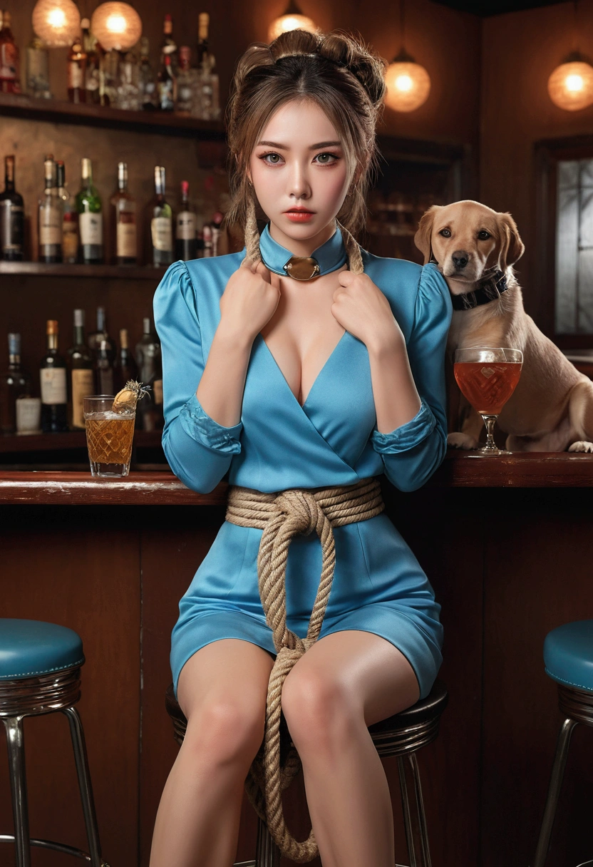 (Highest quality,4K,8k,High resolution,masterpiece:1.2),Tied with rope around the waist and legs、Beautiful woman sitting on a bar stool with her hands tied, ((Powerless expression)), Dog collar, Full body wide shot, sad. Highest quality, 4K, High resolution, Very detailed, Realistic, Beautiful woman with beautiful eyes, Detailed lips, end, そしてVery detailed顔; Long eyelashes; Tied to a bar stool; Her waist and spread legs are tied to a chair with rope; Hands tied; Media similar to illustrations; Additional details such as elegant dress, Bright makeup, and a Powerless expression; Bright colors; Dim lighting; Focus on facial features and emotions,Browsing Caution,masterpiece,At the bar,Detailed Background