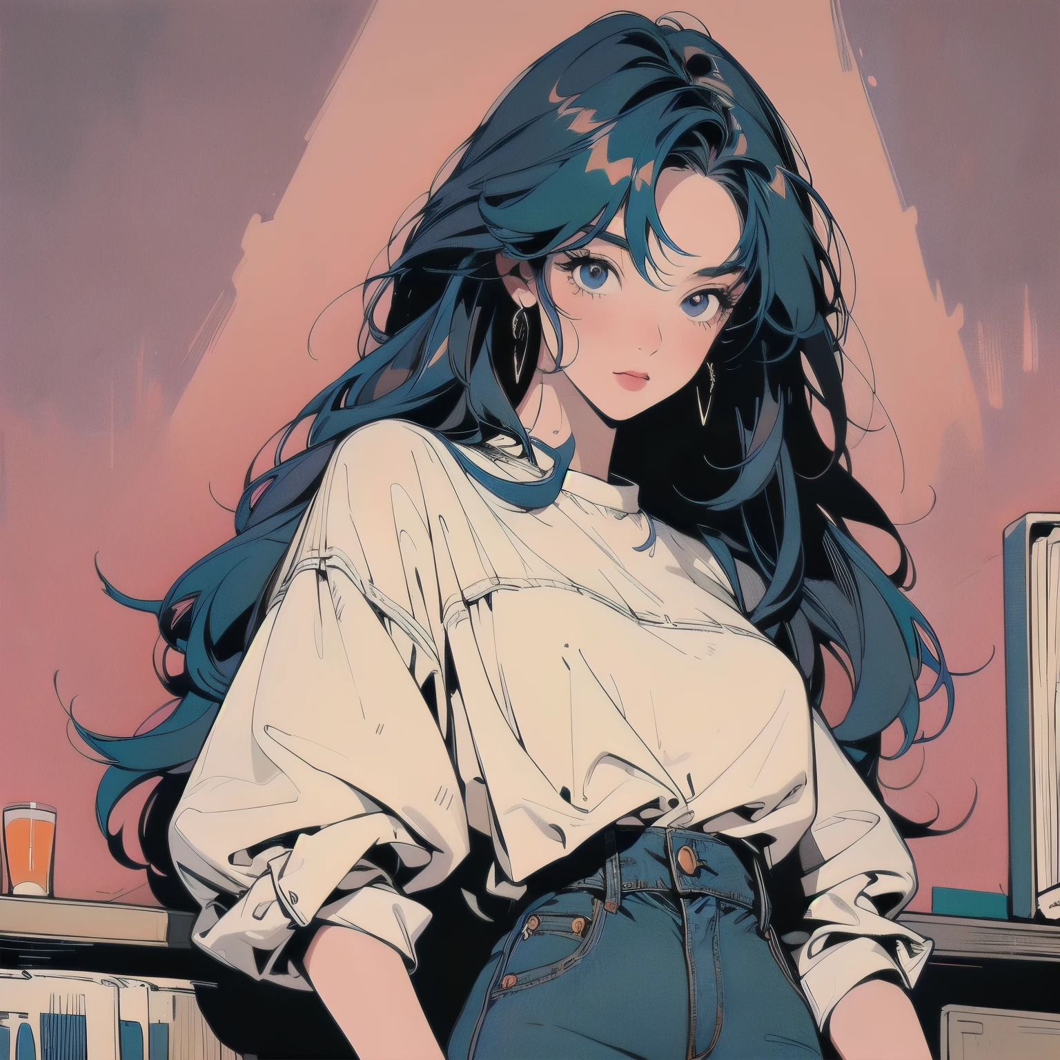 masterpiece, ultra high resolution, extremely detailed, 1 Girl, 32k, Full Length, Top, Messy Room, Apartment, One Girl, 4k, Warm Colors , Mysterious, Skirt, white Blouse, Faint Lighting, extremely detailed Hair, extremely detailed Perfect Face, 80's Fashion, Retro Colors, Top Quality, detailed Background, Complex Background, Sunset, Hair color mixed with various colors, (((Anime)))