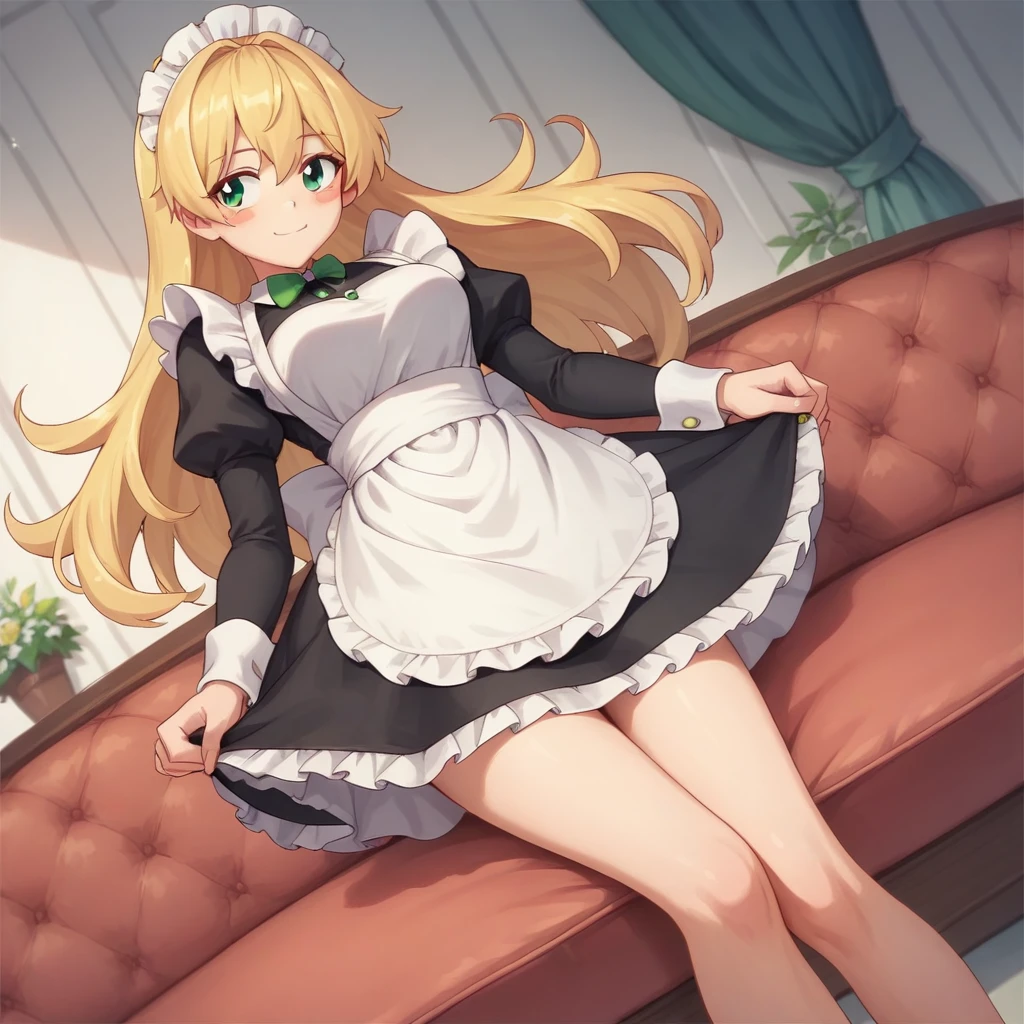 1girl, blamagi,blonde hair, green eyes, long hair, medium breasts,blush stickers,maid,maid headdress, maid apron, dutch angle, feet out of frame, looking away, teasing smile, dormitory, closed mouth, masterpiece, best quality,
