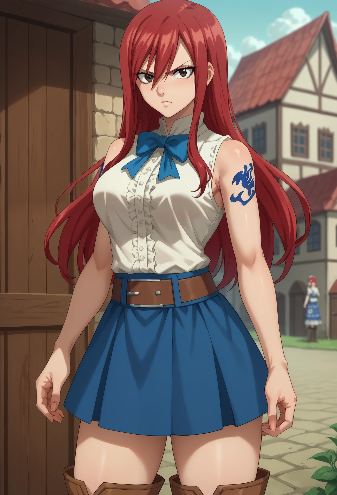 score_9, score_8_up, score_7_up, 1girl, solo, erza scarlet, long hair, red hair, hair between eyes, brown eyes, skirt, shirt, bow, boots, sleeveless, sleeveless shirt, tattoo, white shirt, frills, thighs, long boots, serious face, standing, looking at you, medieval village