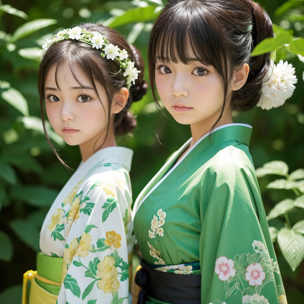 Cute girl with a sad expression、Japanese kimono、Body Shot、Green background