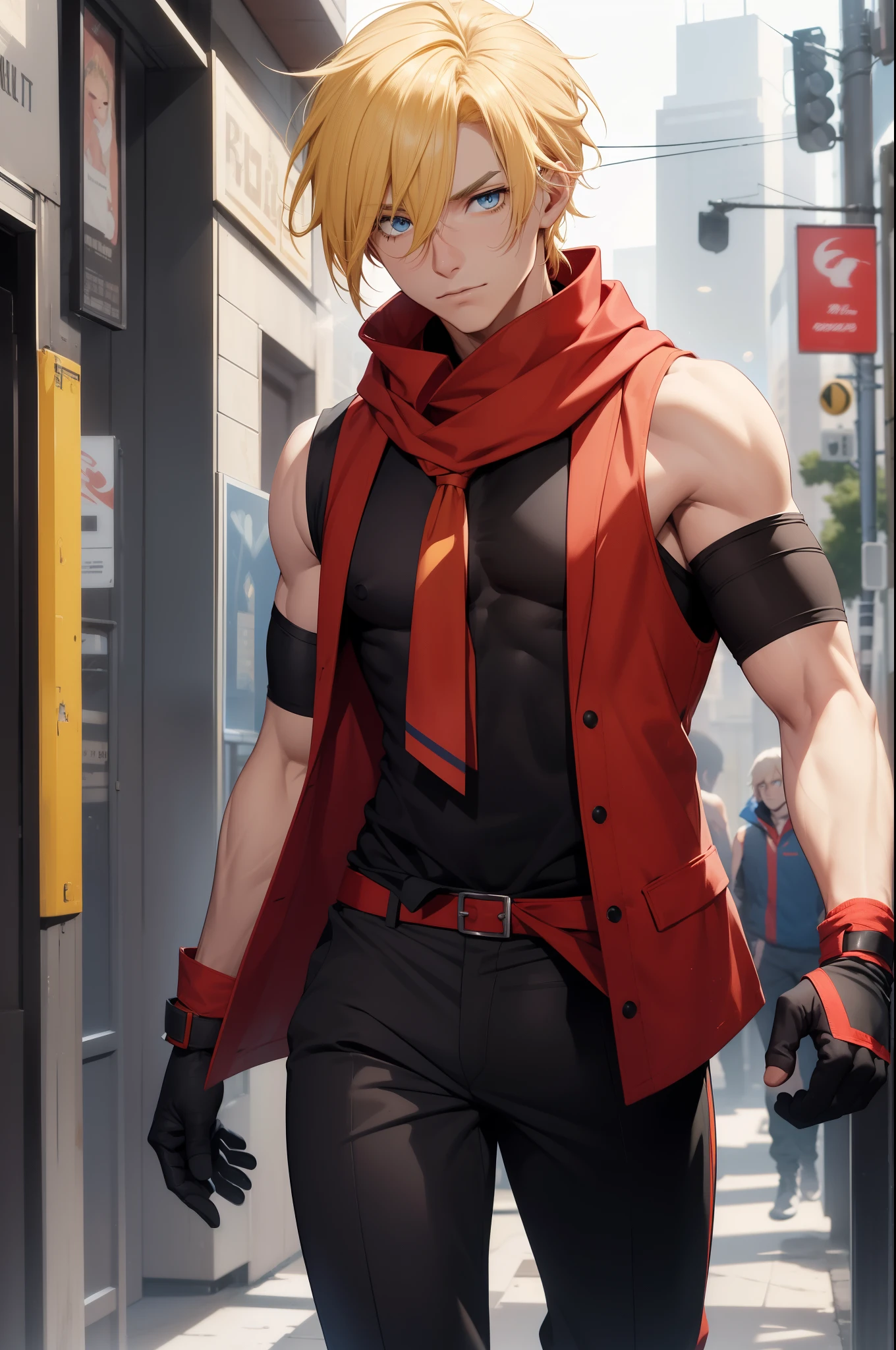 (26 years old), (male), Yellow hair, (Blue eyes), (whisker mark), (Tied-Back hair), red scarf, red vest, sleeveless, black pants, black gloves, Athletic body, up to legs