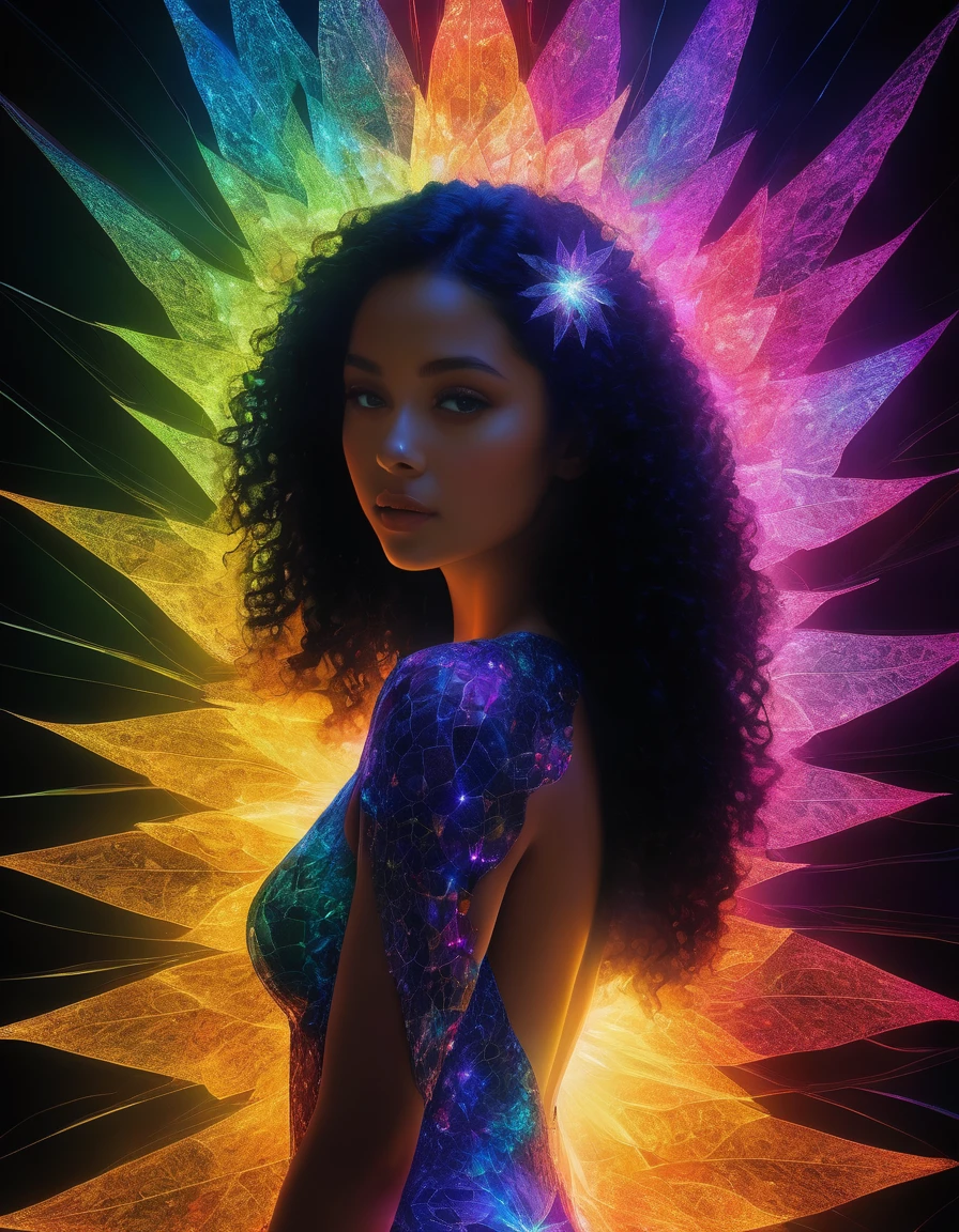 Stunning 18 year old girl, black curly hair, highest quality, Broken Glass effect, fractal background, stunning, something that doesn't even exist, mythical being, mysterious, in a perfect full body from the knee up, energy, molecular, textures, iridescent scales and luminescent, breathtaking beauty, pure perfection, divine presence, unforgettable, impressive, breathtaking beauty, volumetric light, auras, rays, vivid neon colors reflect.