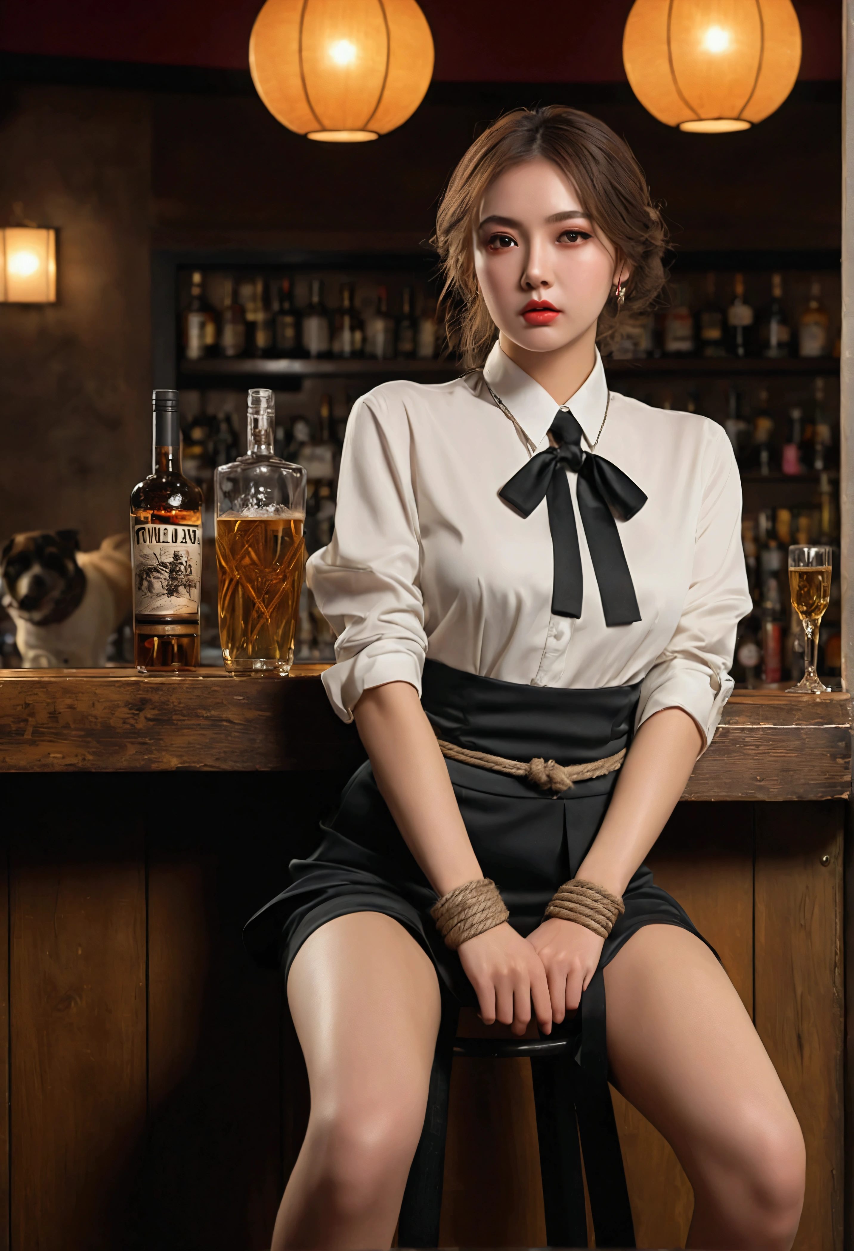 (Highest quality,4K,8k,High resolution,masterpiece:1.2),Tied with rope around the waist and legs、Beautiful woman sitting on a bar stool with her hands tied, ((Powerless expression)), Dog collar, Full body wide shot, sad. Highest quality, 4K, High resolution, Very detailed, Realistic, Beautiful woman with beautiful eyes, Detailed lips, end, そしてVery detailed顔; Long eyelashes; Tied to a bar stool; Her waist and spread legs are tied to a chair with rope; Hands tied; Media similar to illustrations; Additional details such as elegant dress, Bright makeup, and a Powerless expression; Bright colors; Dim lighting; Focus on facial features and emotions,Browsing Caution,masterpiece,At the bar,Detailed Background