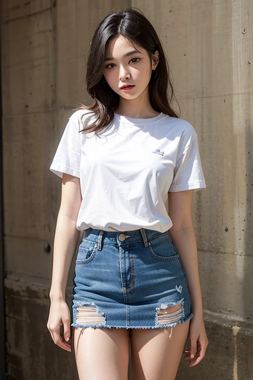 ((Highest quality)), ((masterpiece)), (detailed), One girl, Plain white T-shirt,Denim skirt 