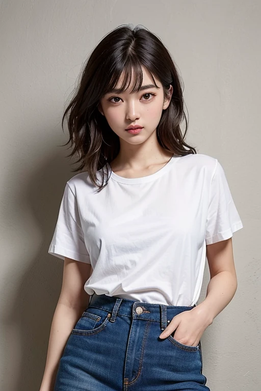 ((Highest quality)), ((masterpiece)), (detailed), One girl, Plain white T-shirt,Denim skirt