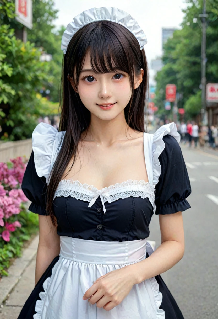 score_9, score_8_up, score_7_up, 1girl, japanese girl, cute, kawaii, beautiful face, perfect face, perfect body, smile, maid, maid suits, black pleated skirt, detailed eyes, shiny skin, standing, medium breasts, skinny, upper body, face focus, depth of field, simple background, outdoors, looking at viewer, jpn-girl, extremely detailed